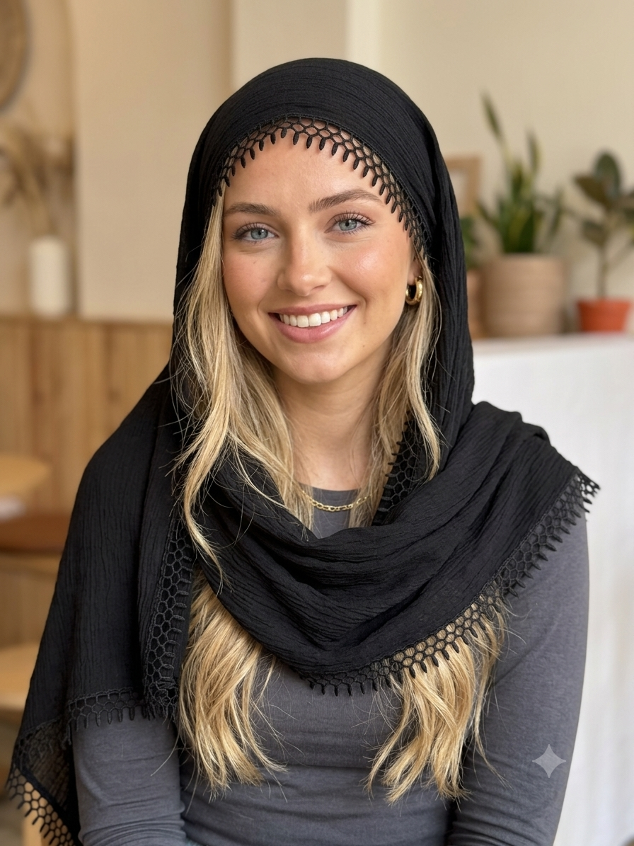 شال مشکی پلیسه نخی حاشیه سوزنی