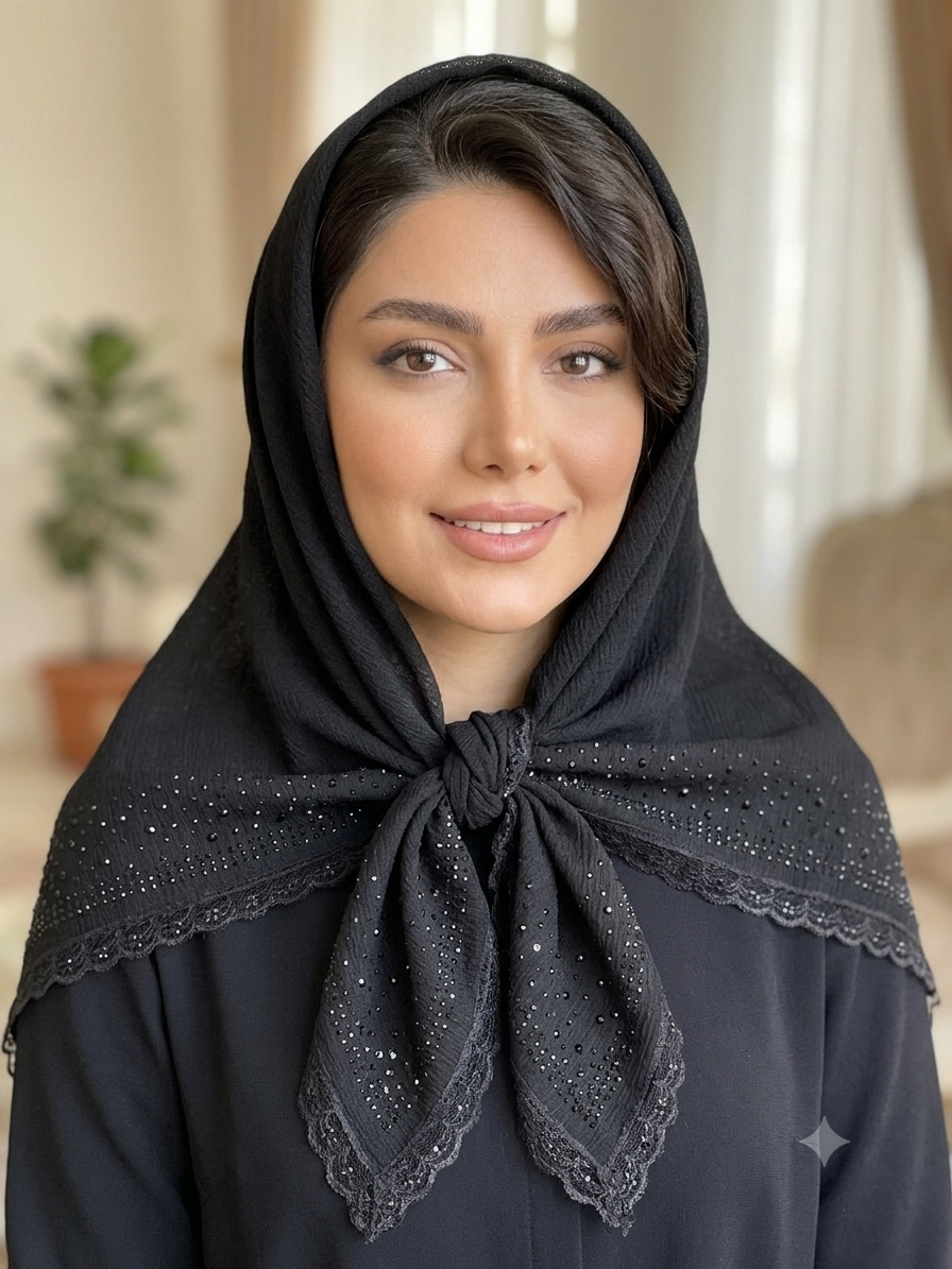 روسری مشکی مجلسی نخی حاشیه نگین دانتل