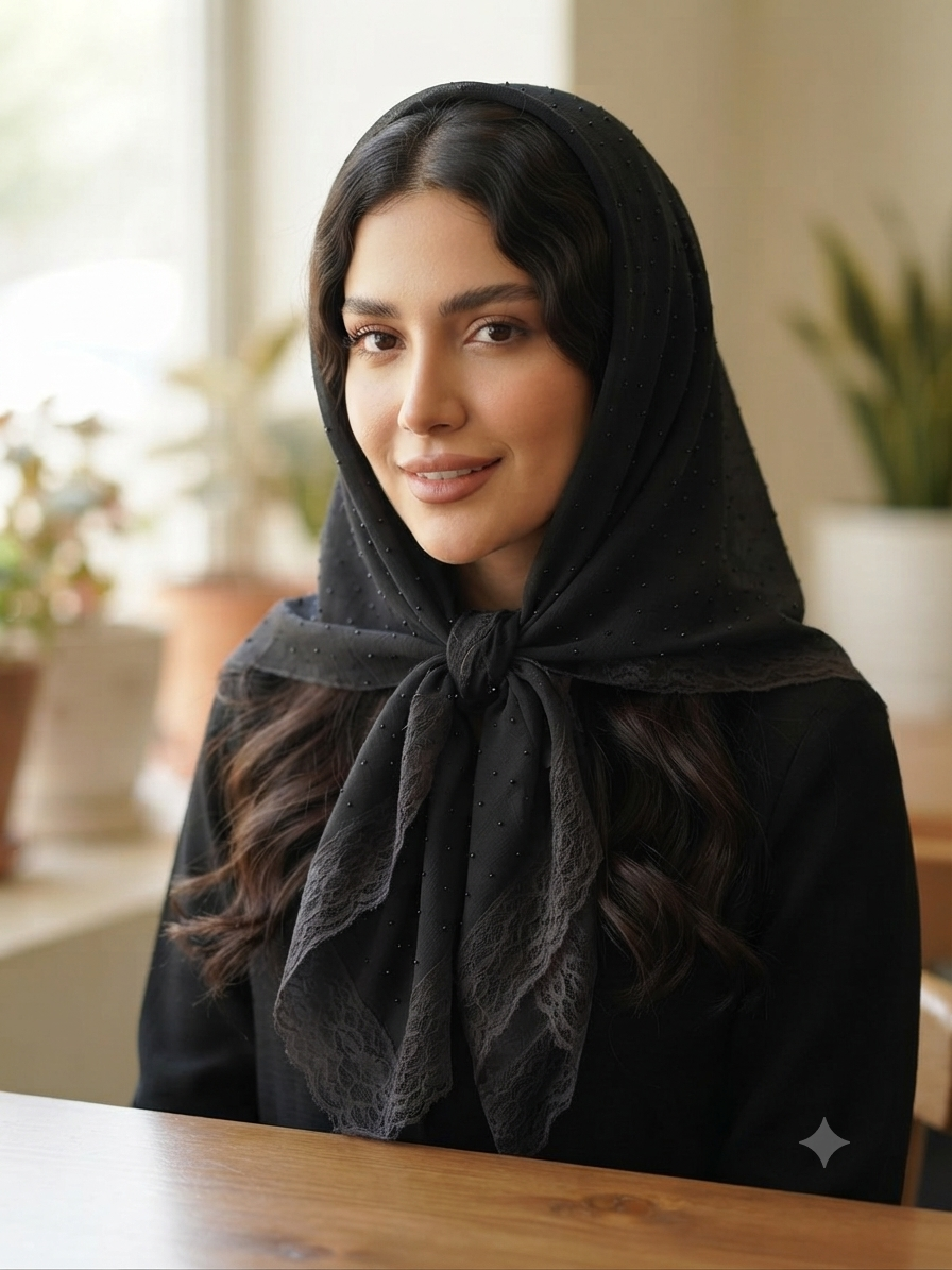 مینی اسکارف حریر نگین دار دور دانتل