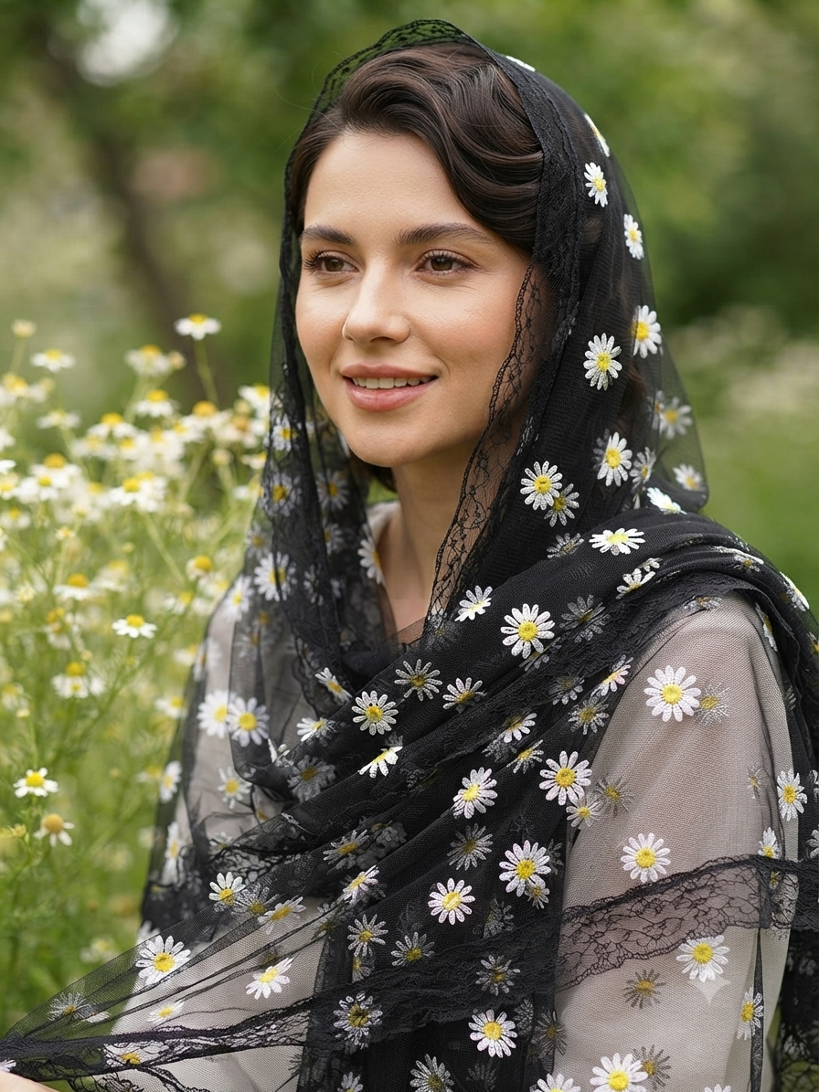 شال مشکی تور بابونه حاشیه دانتل